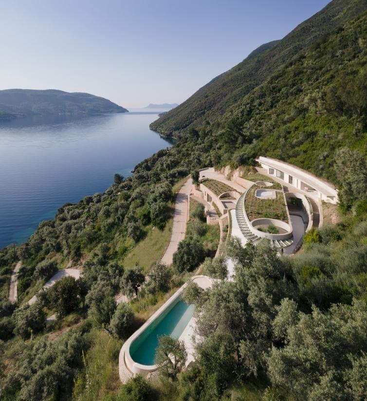 Thyta House exterior planted roof elliptical silhouette Ionian Lefkada NAARO