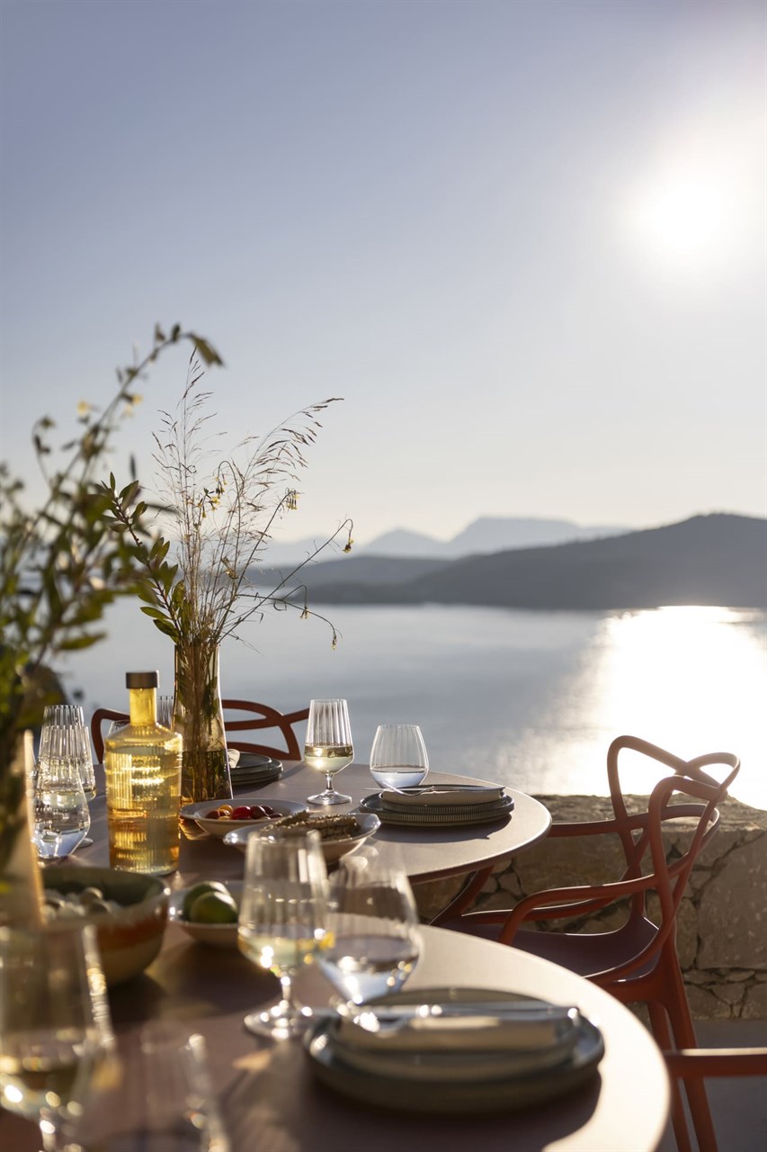 Thyta House outdoor lunch terrace with Ionian Sea views, Lefkada