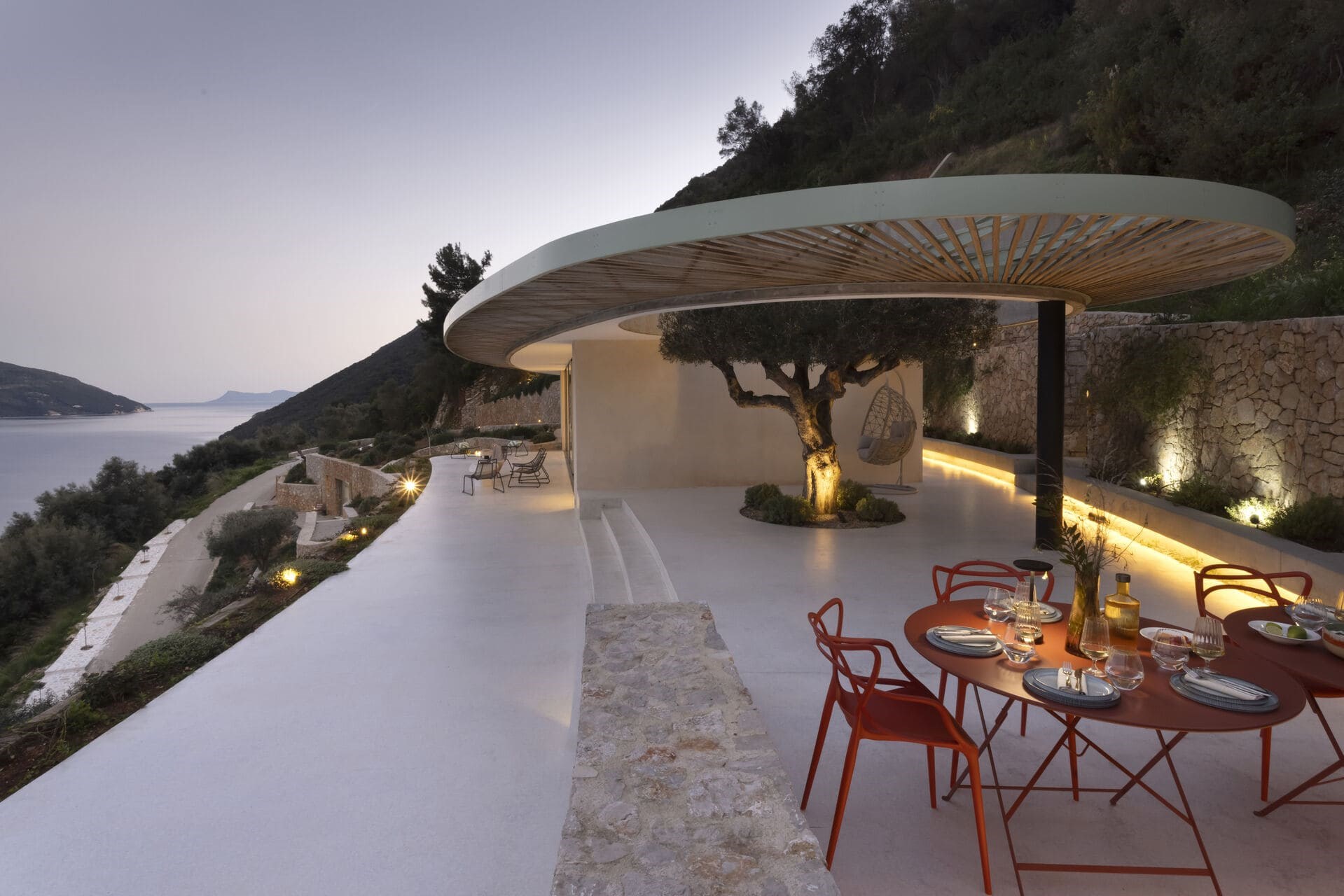 Thyta House terrace at golden hour overlooking Ionian Sea, Lefkada