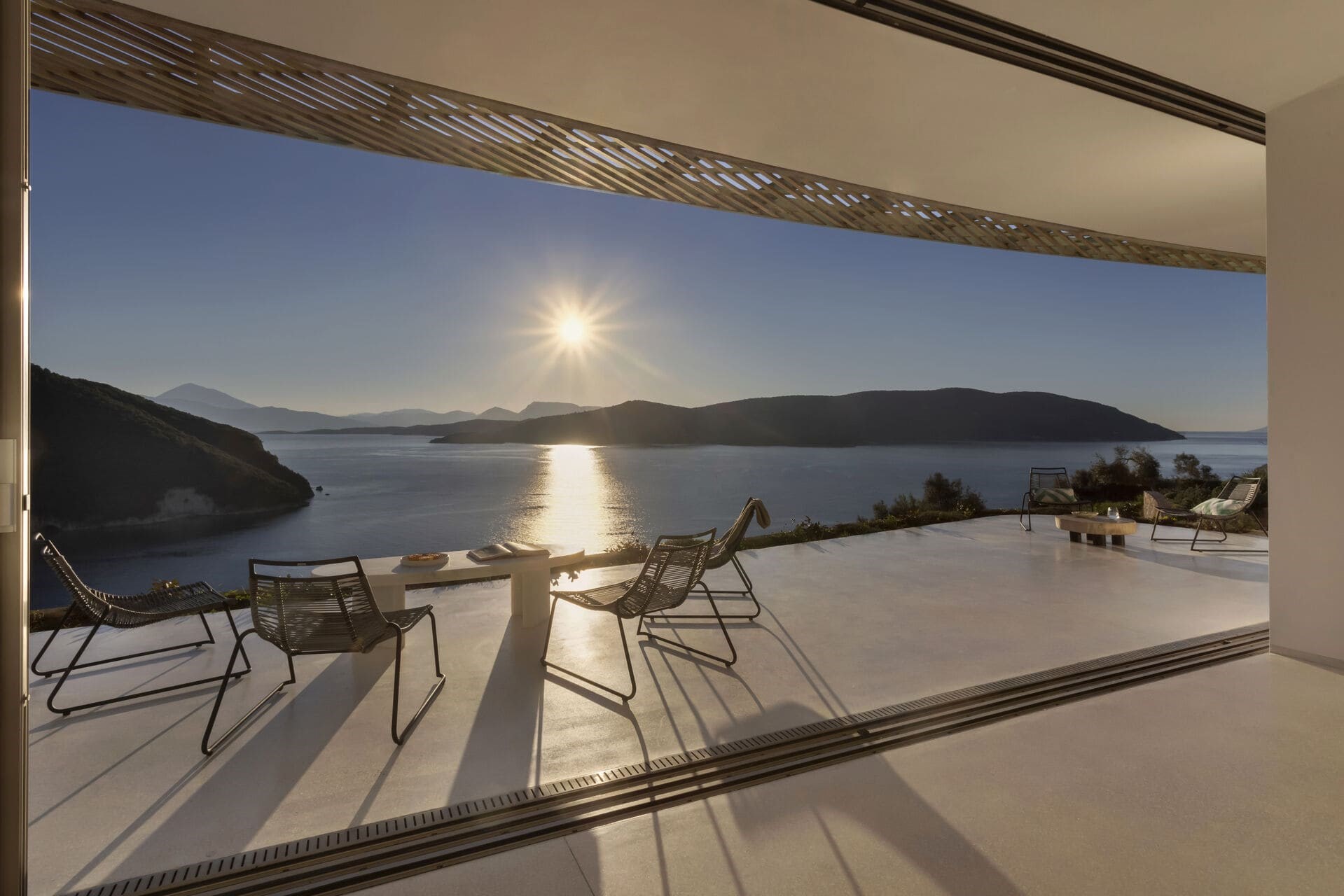 Thyta House communal space views toward Ionian sea Desimi Lefkada
