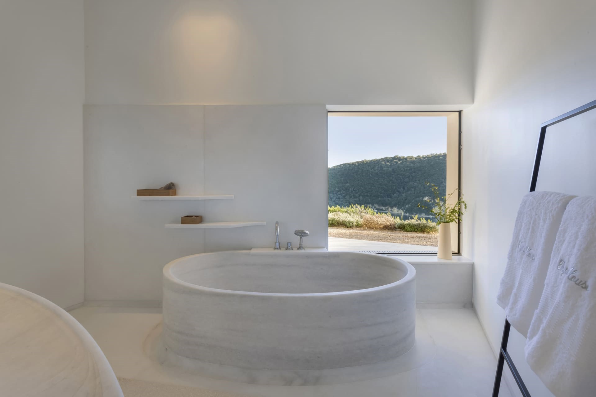 Thyta House master bathroom with freestanding tub and sea view, Lefkada