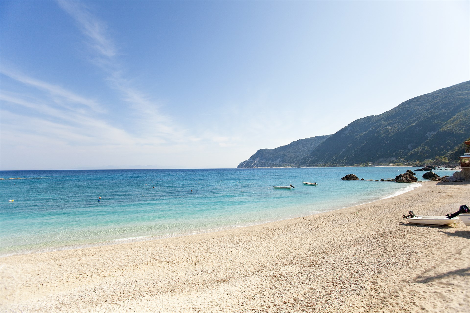 Agios Nikitas village beach turquoise cove Lefkada west coast Greece