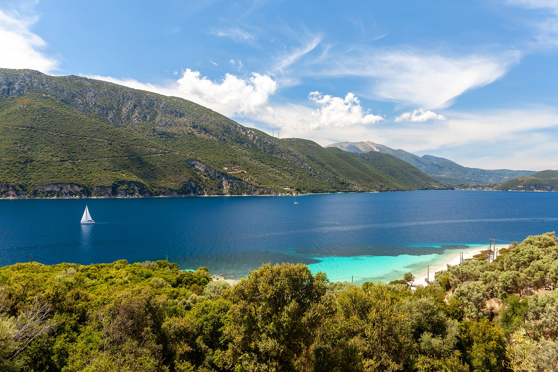 Meganisi island sailing bay turquoise Ionian waters visible from Thyta House Lefkada